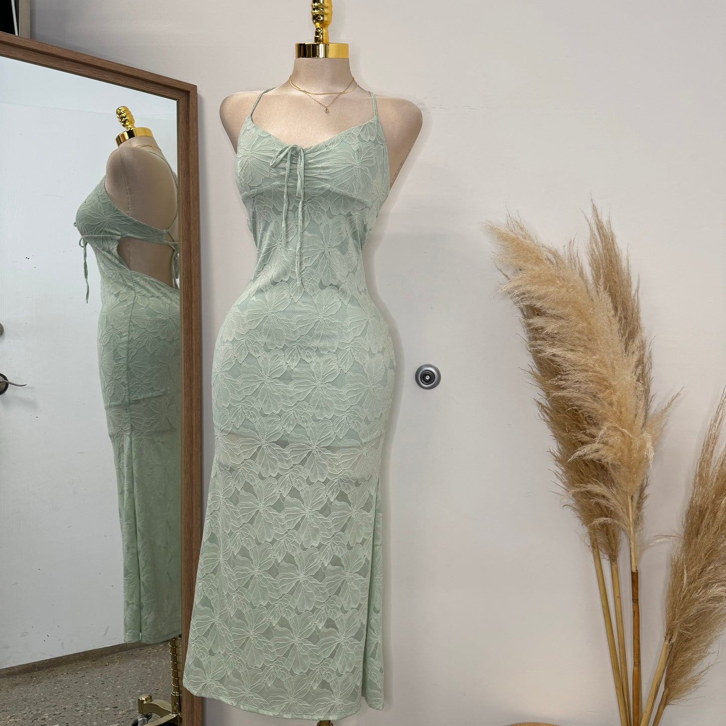 Tie Front Open Back Maxi Dress -Sage Green