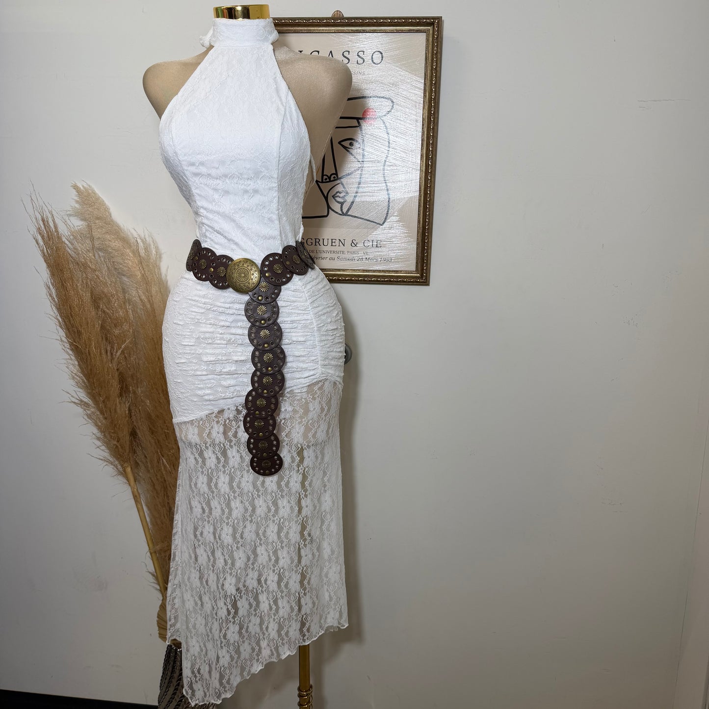 Lace Ruched Halter Maxi Dress-Ivory