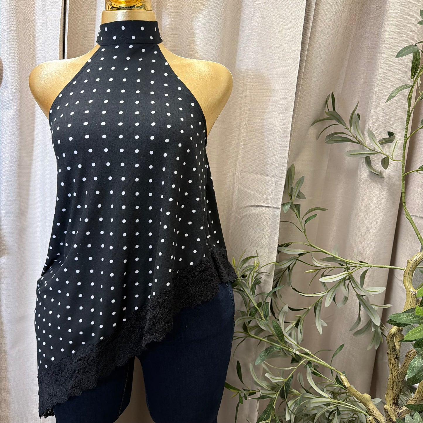 Asymmetrical Polka Dot Double layered Top-Black