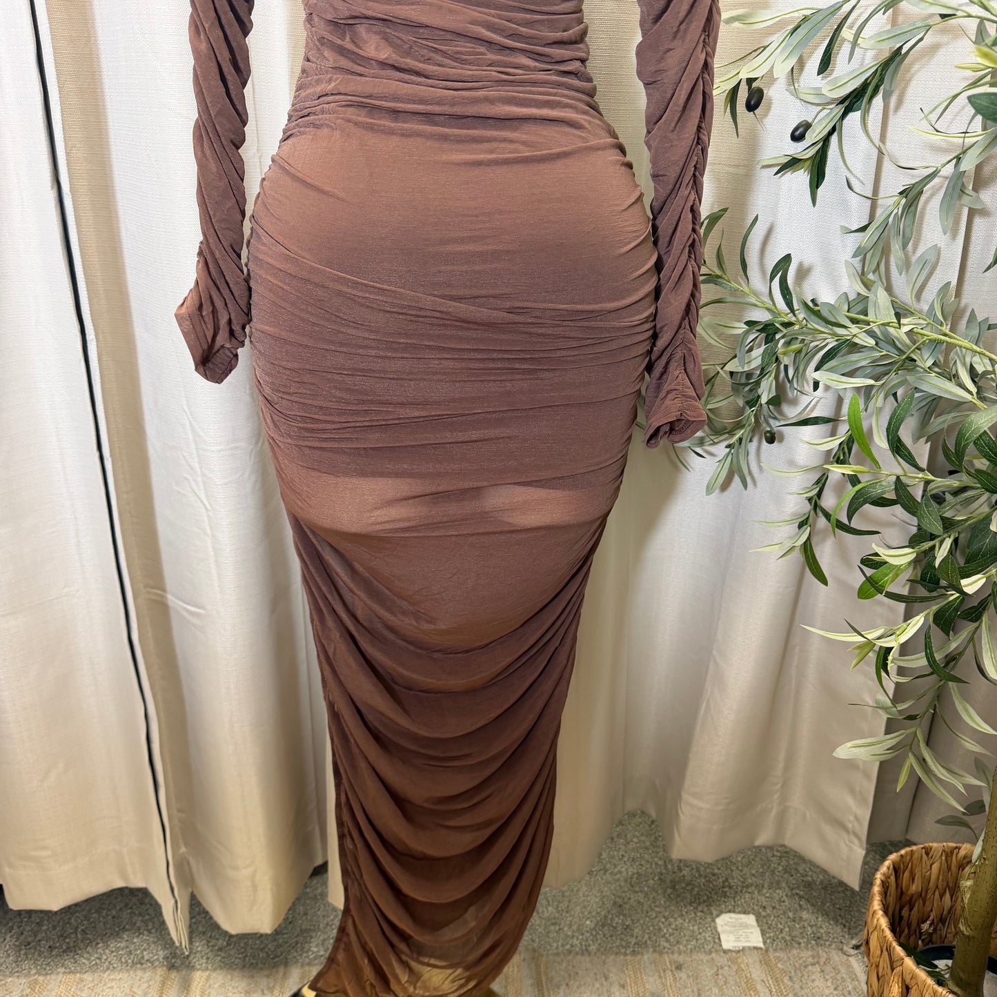 LONG SLEEVES ASSYMETRICAL HEM MAXI DRESS-Brown