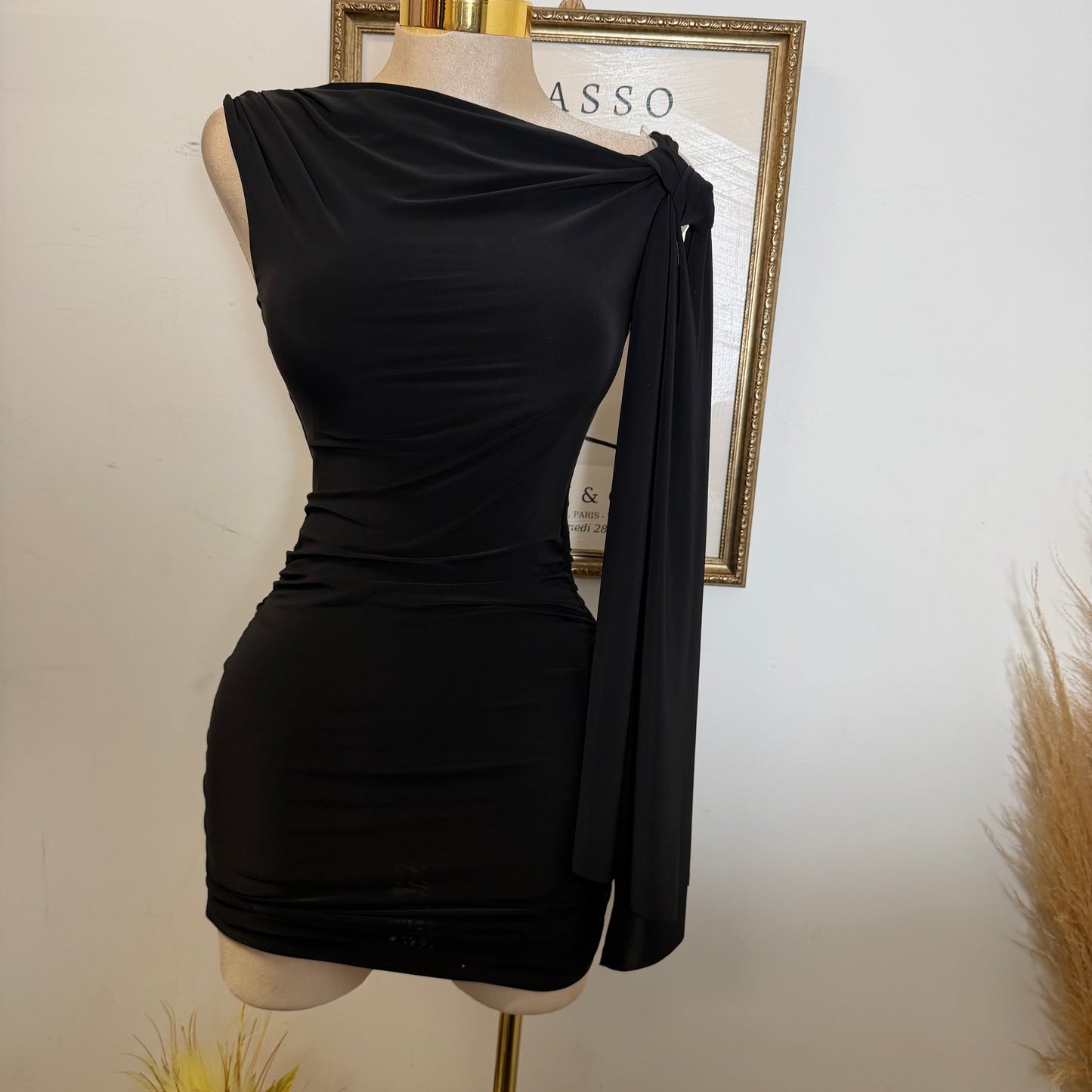 Off Shoulder Ruched Side Tie Mini Dress-Black