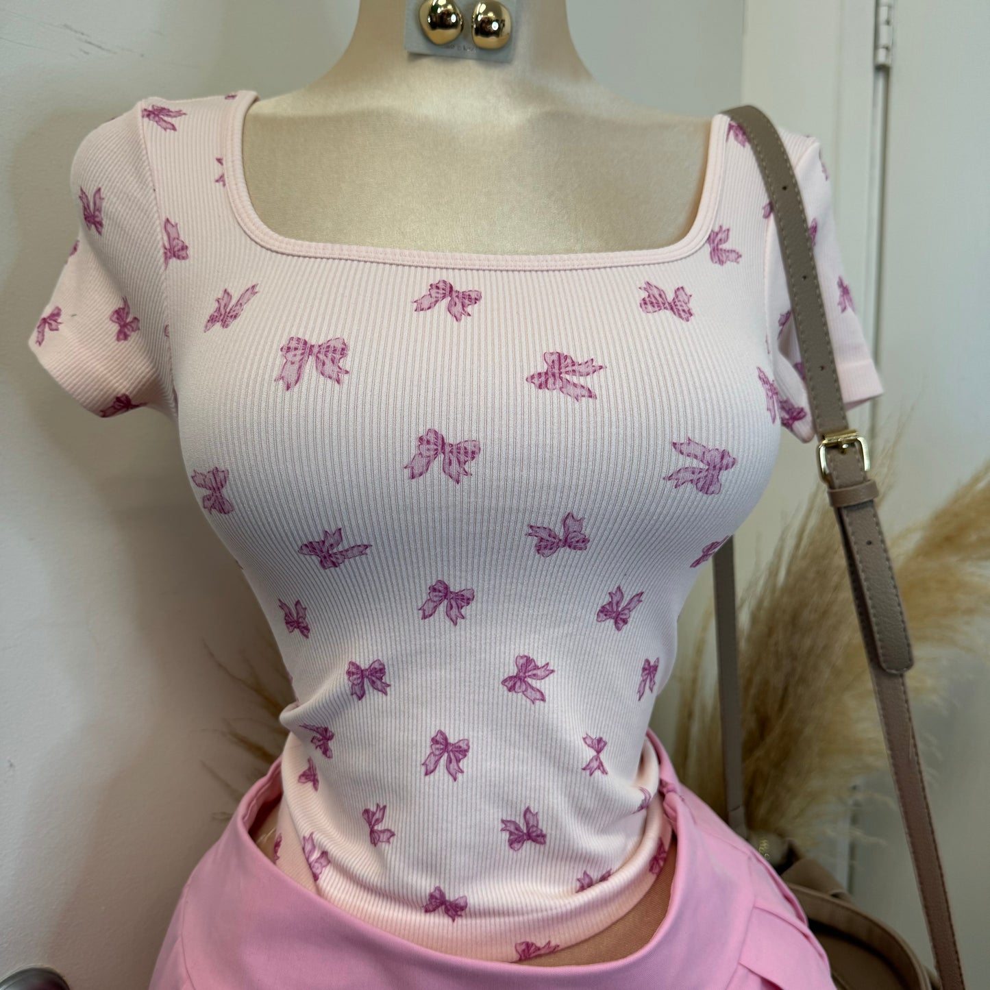 Bow Square Basic Top-Pink