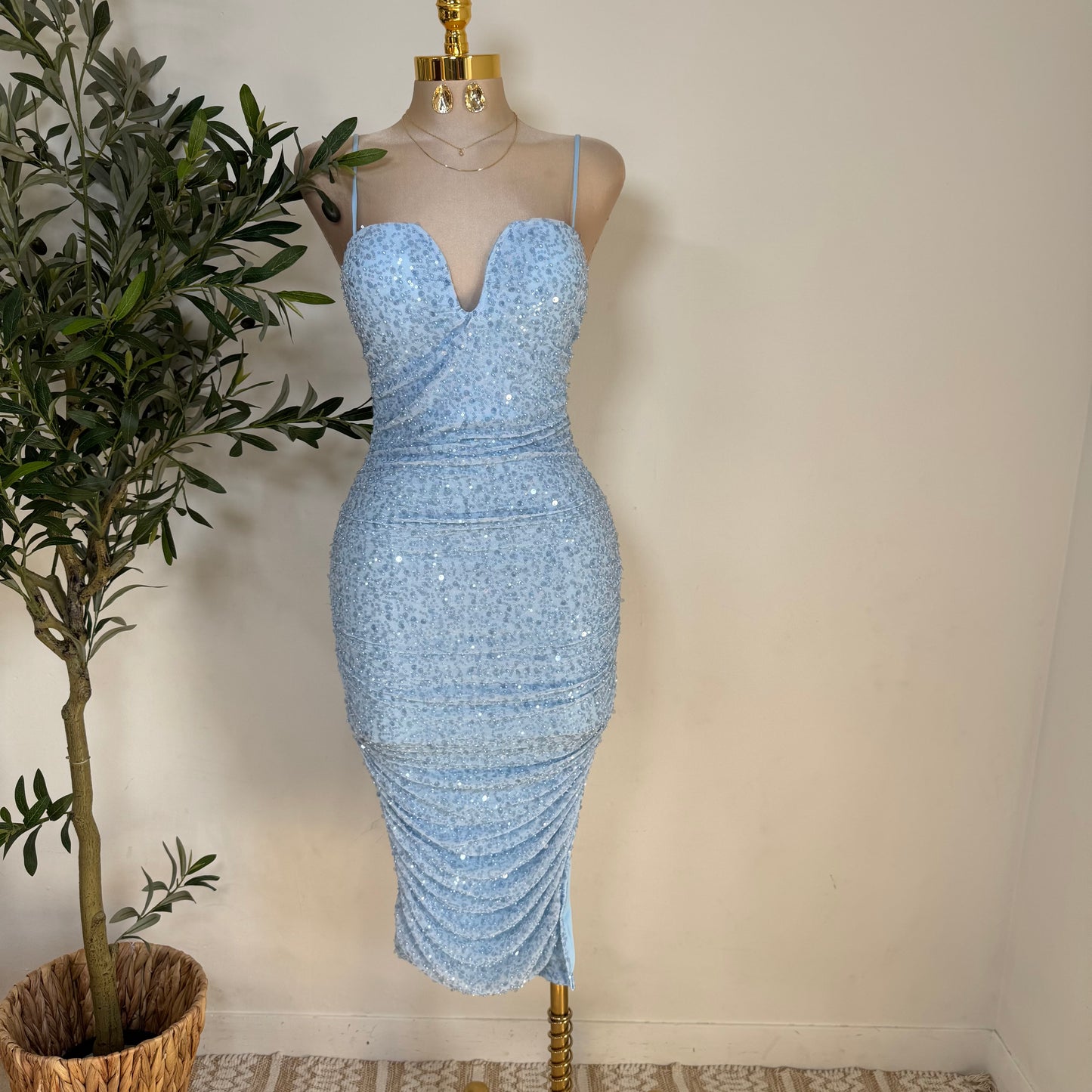 Bead and Sequin Ruched Midi dress-Blue
