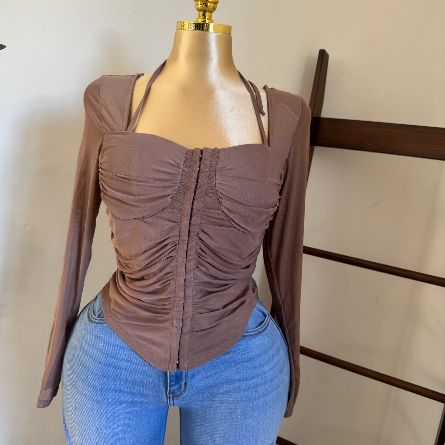 Long Sleeve Corset Top-Brown