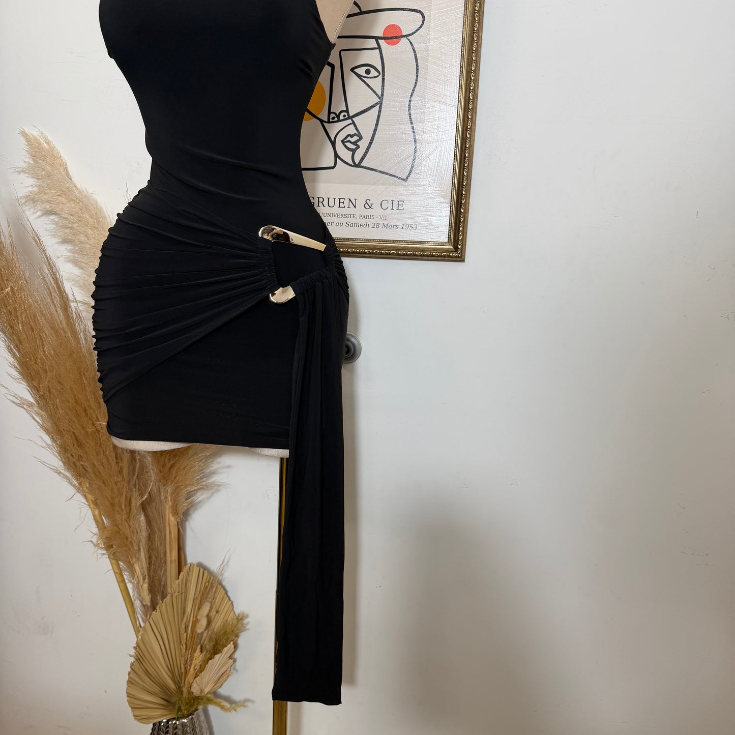 Mock Neck Front Sash With Trim Detail Mini Dress-Black (Copy)