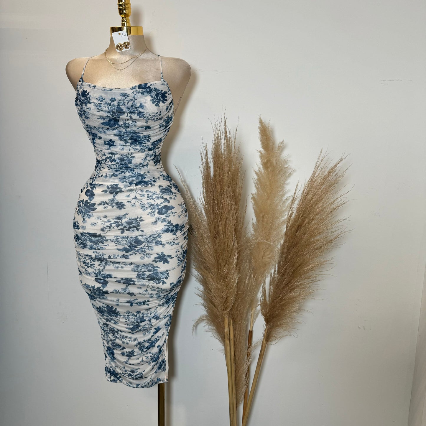 Floral Pleated Neckline Ruched Mini Dress-Blue/White