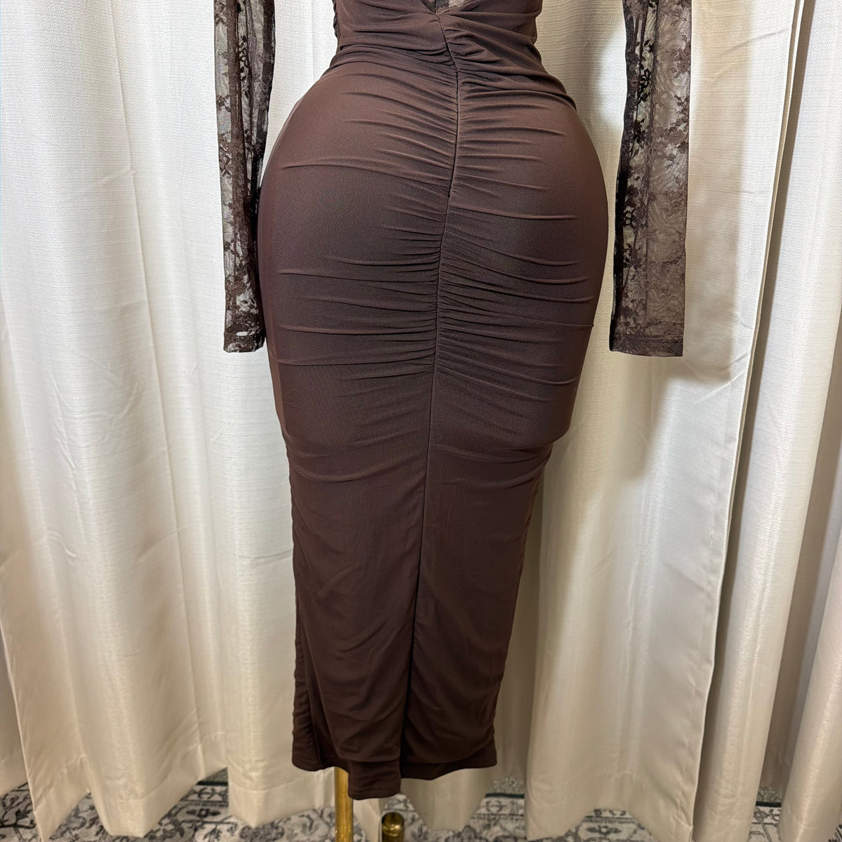 Korean Lace Long Sleeve Midi Dress-Chocolate