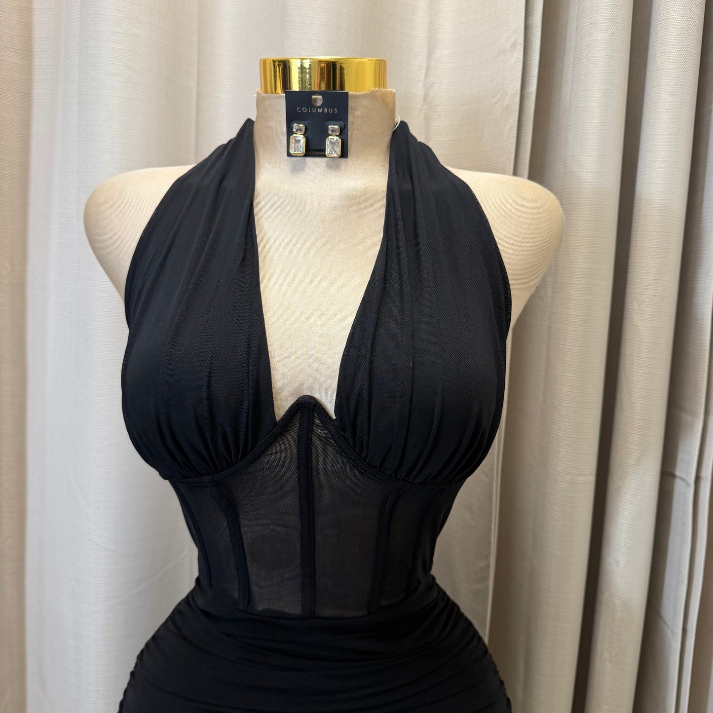 Halter neck midi ruched dress-Black