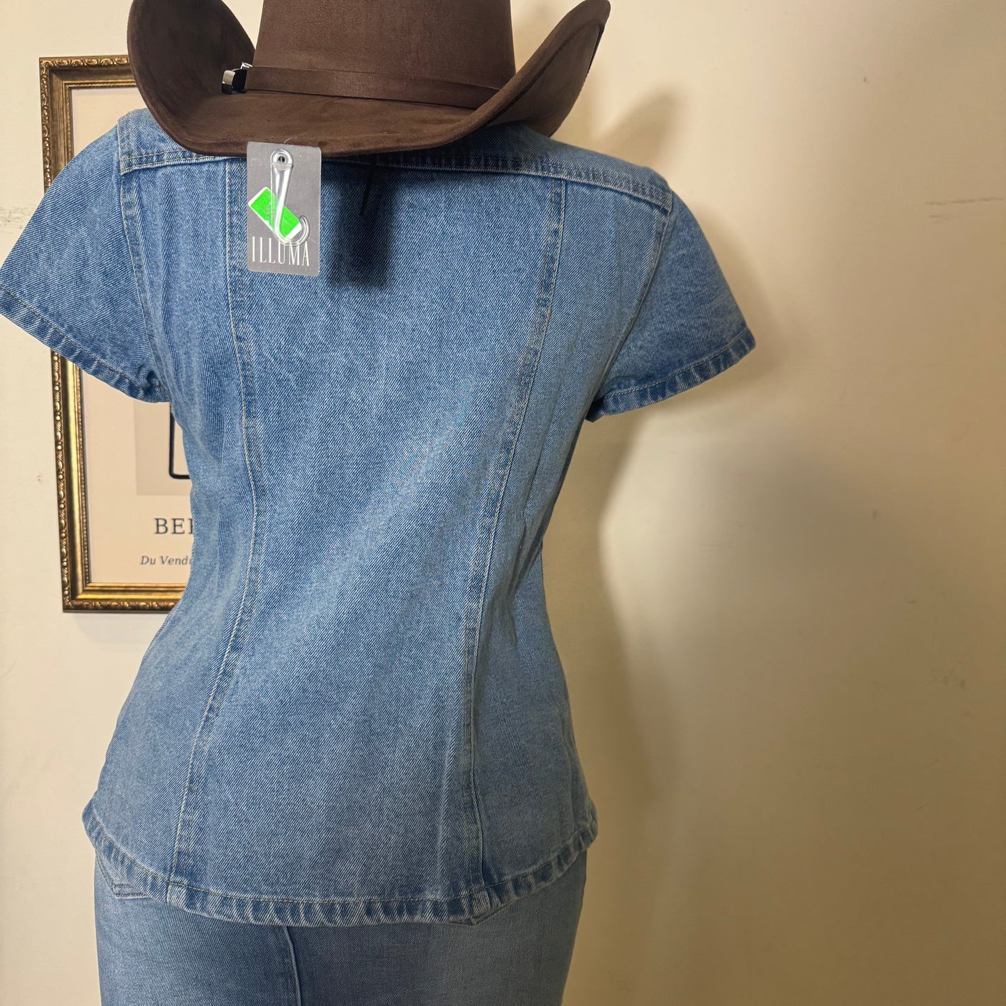 Short Sleeve Button Front Denim Top-Blue