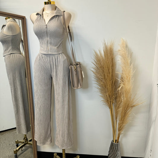 Halter Two Piece Pant Set-Taupe
