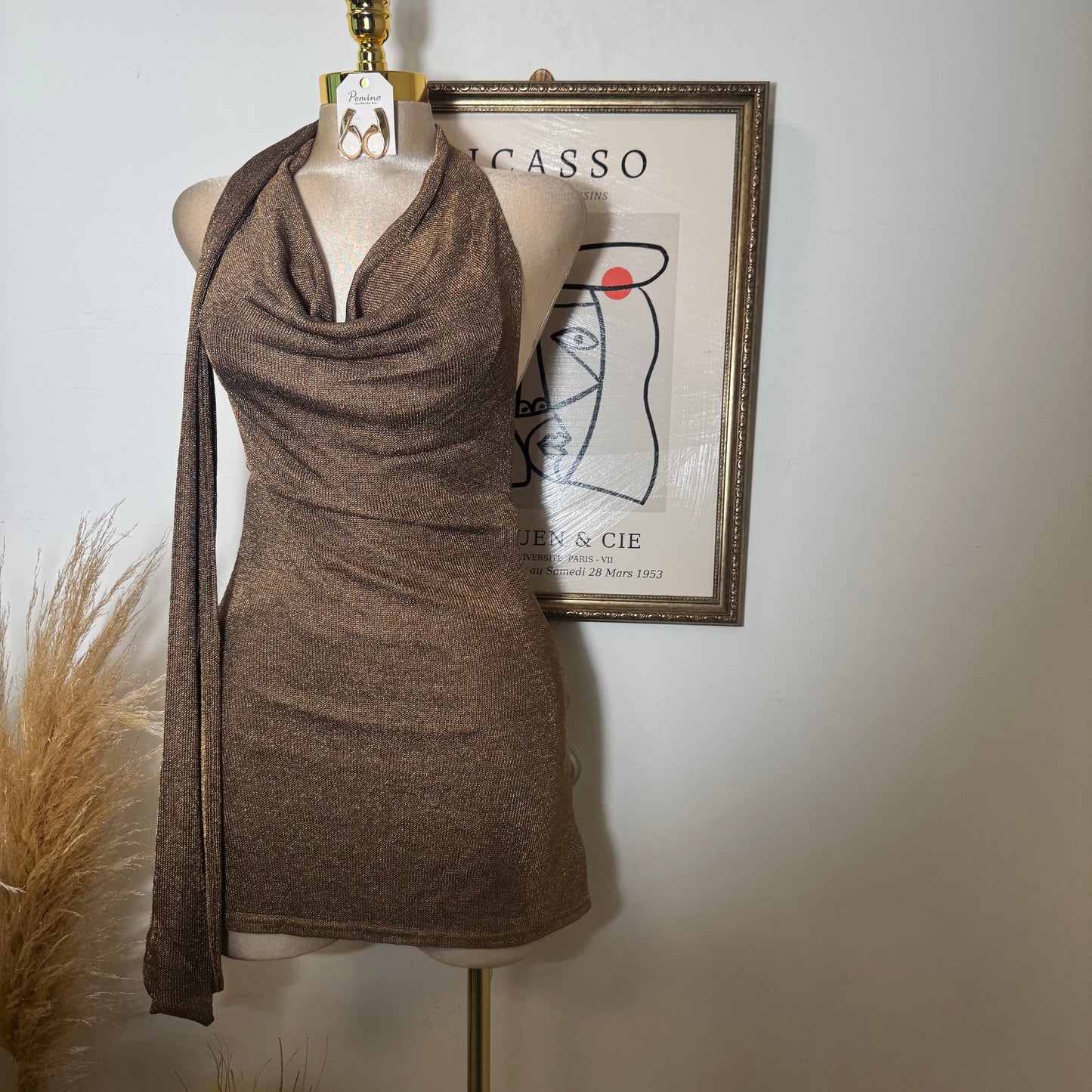 Cowl Halter Scarf Metallic Chainmail Mini Dress-Brown
