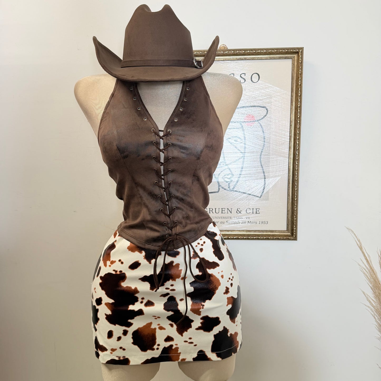 Tie Front Suede Crop Top-Chocolate