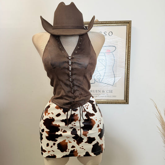 Tie Front Suede Crop Top-Chocolate