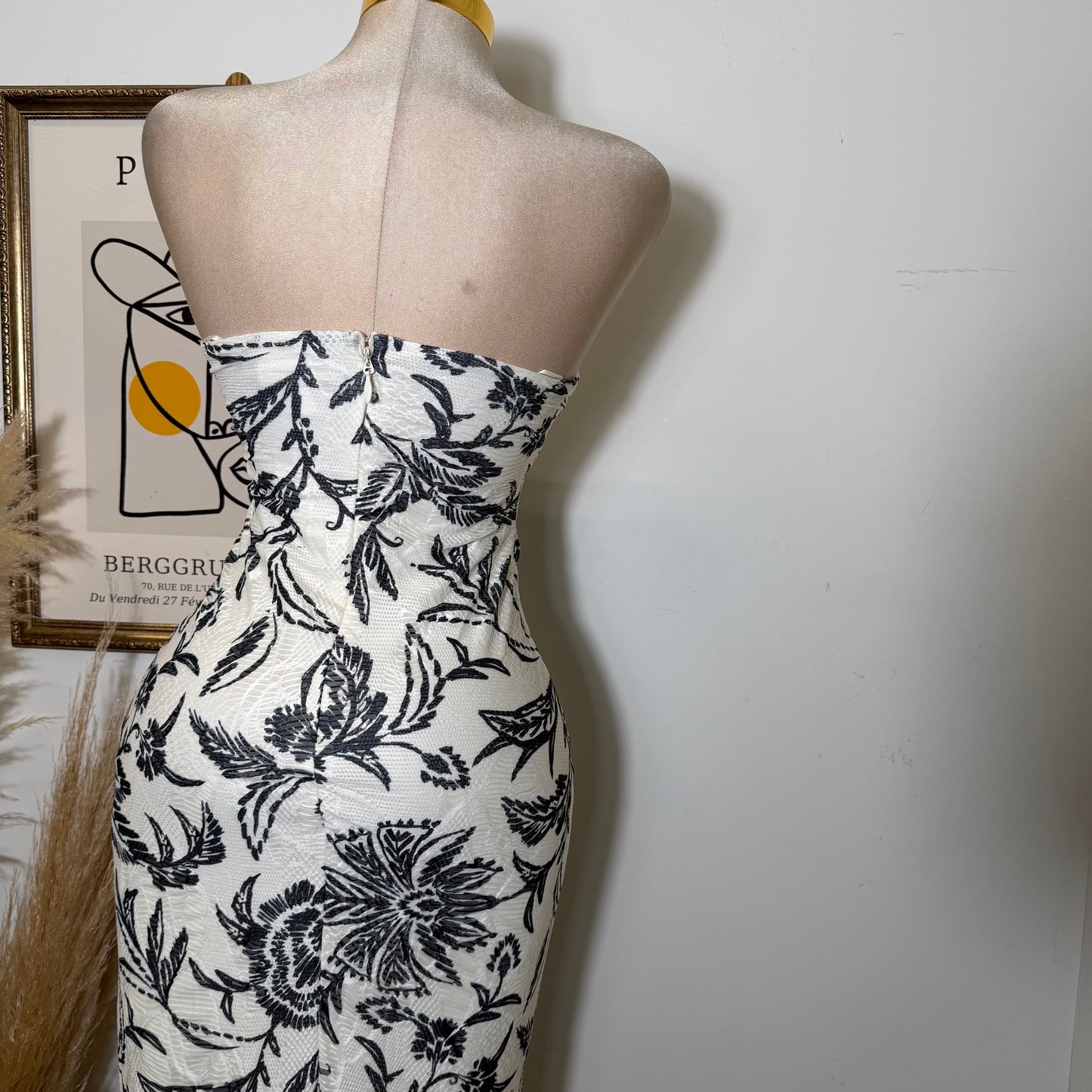 Printed Knit Jacquard w/ Metal Trim Tube Midi Dress-Black/White