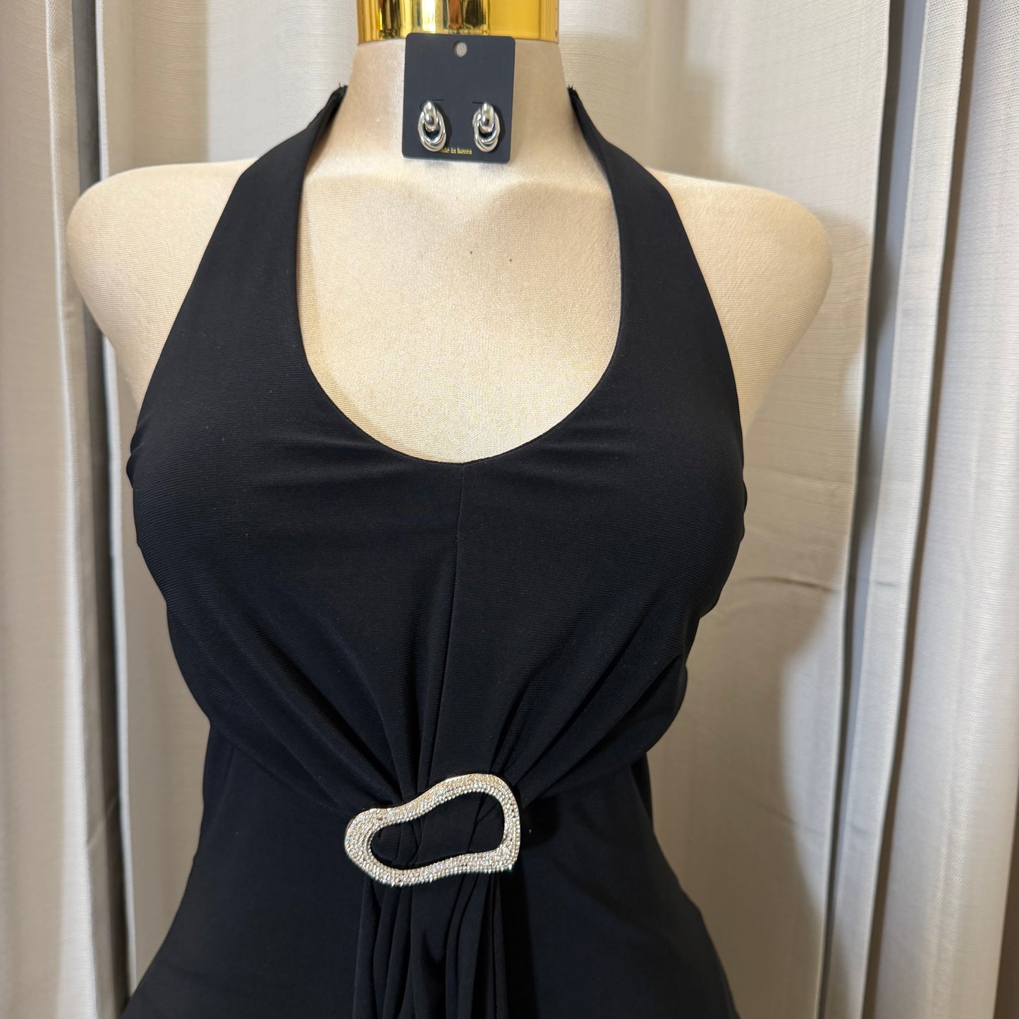 Halter Buckle Drape Mini Dress-Black