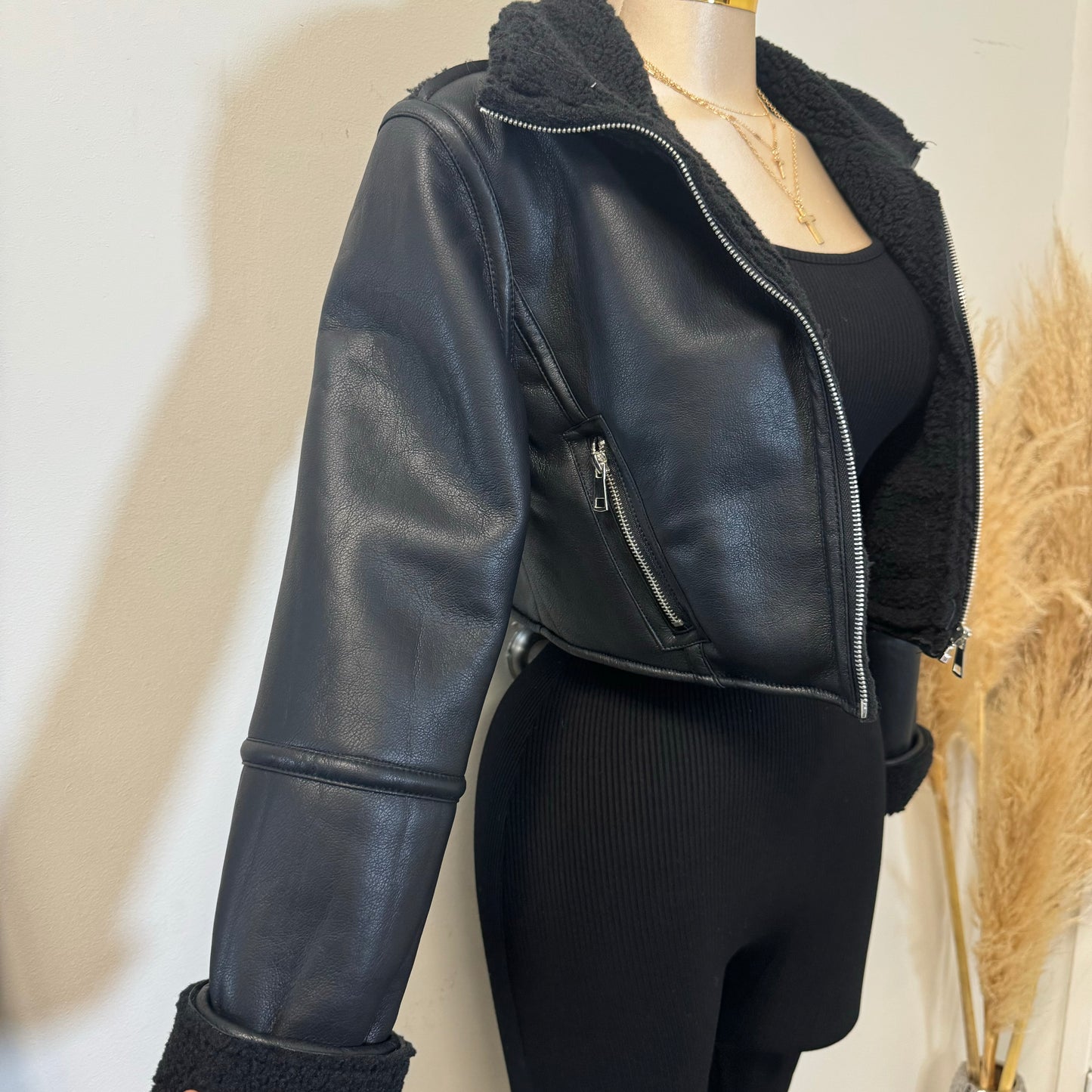 Mia Leather Cropped Jacket-Black