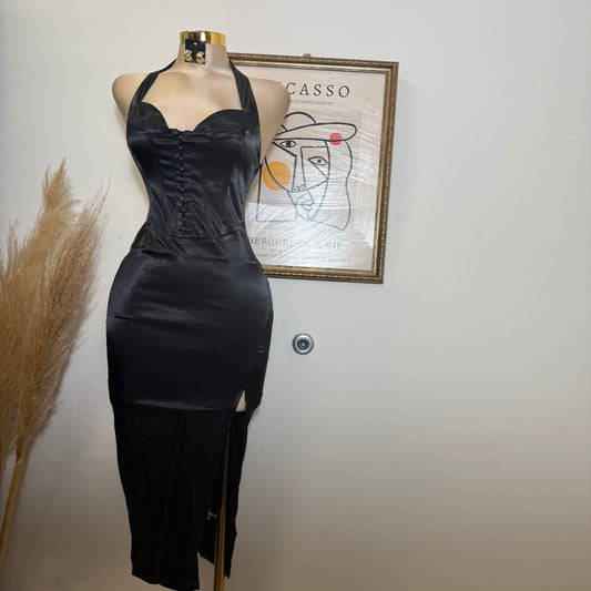 Corset Halter Satin Dress-Black