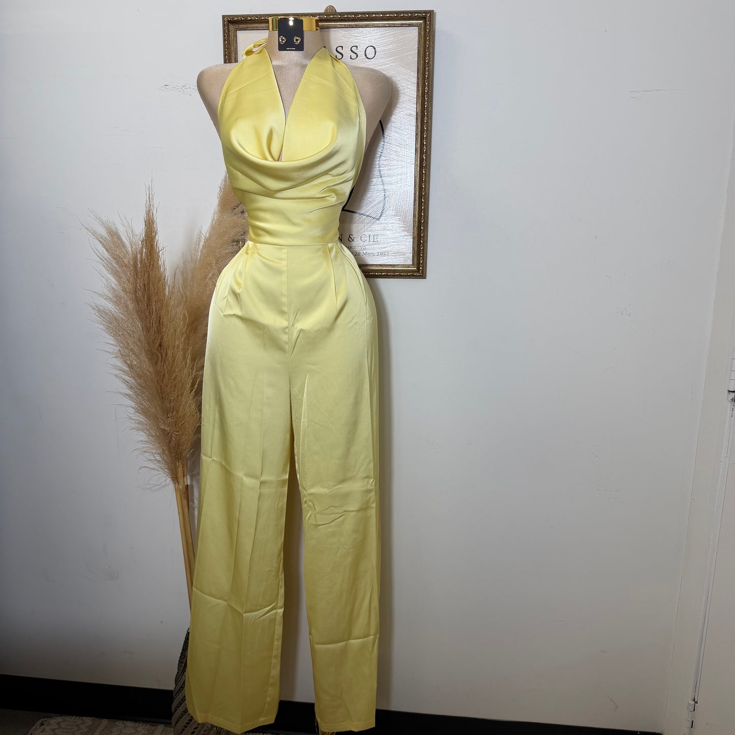 Cowl Halter Neck Wide Leg Jumpsuit-Baby Yellow