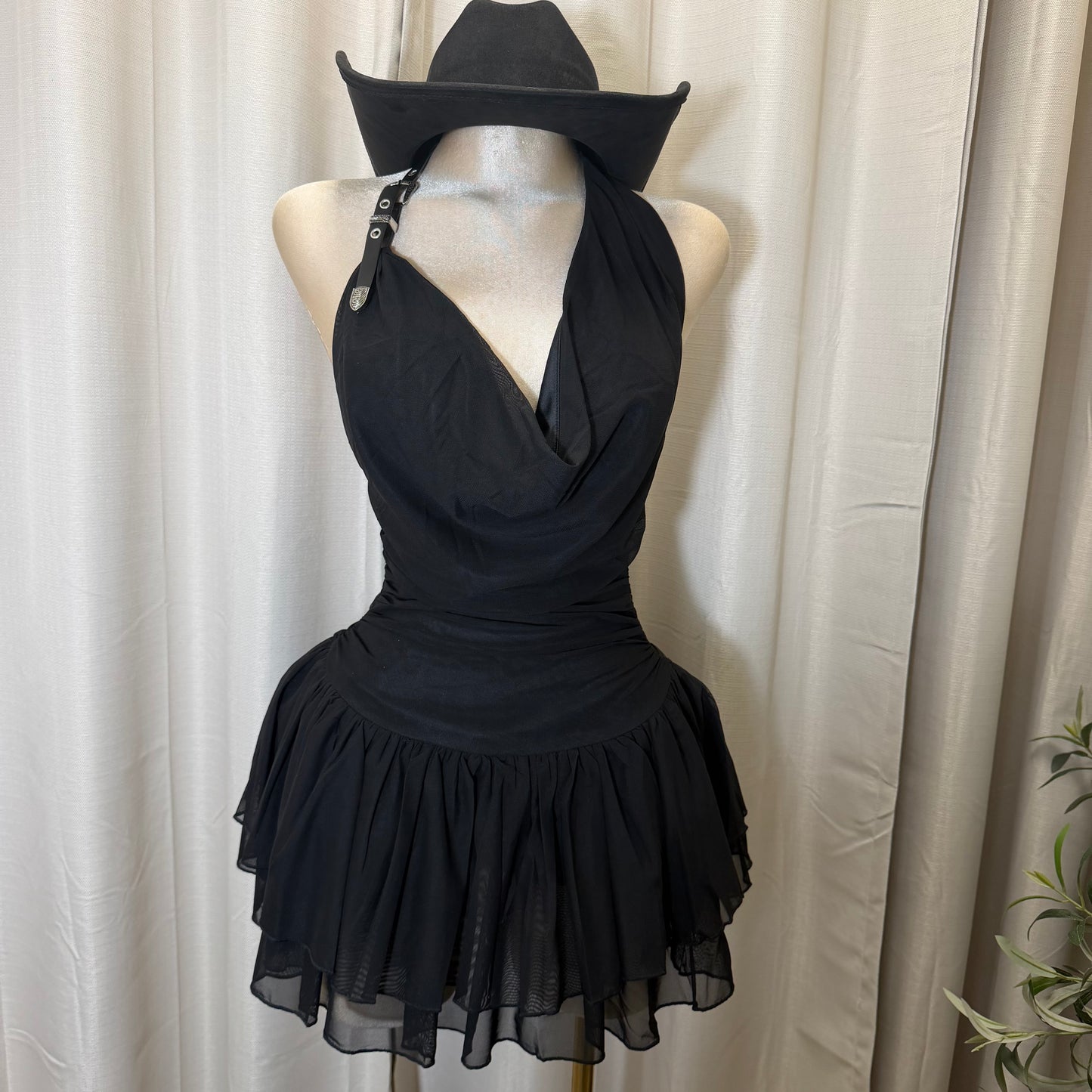 Buckle Halter Ruched Mini Fit and Flare Dress-Black