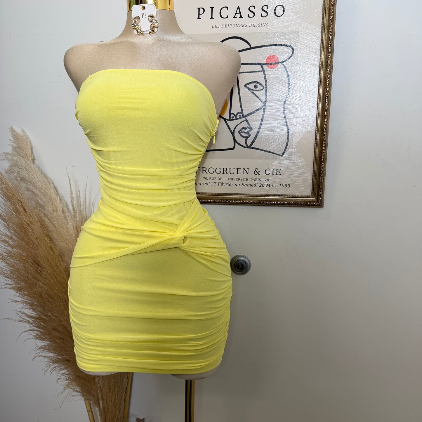 Strapless Ruched Mini Dress-Yellow