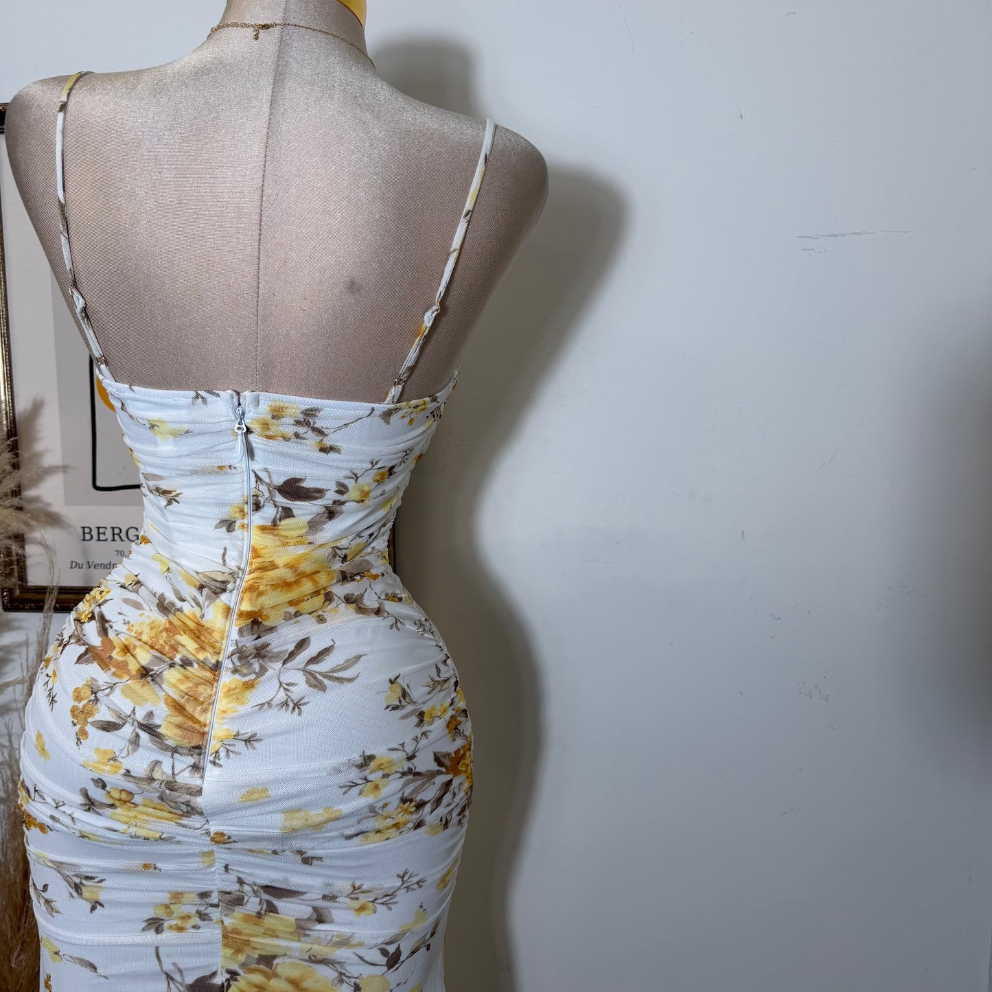 Mesh Print Midi Dress-Yellow Floral