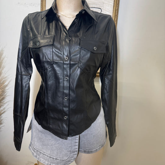PU Faux Leather Shirt with button closure-Black