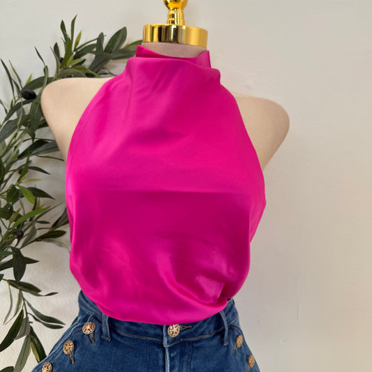 Satin Halter Open Back Top-Hot Pink