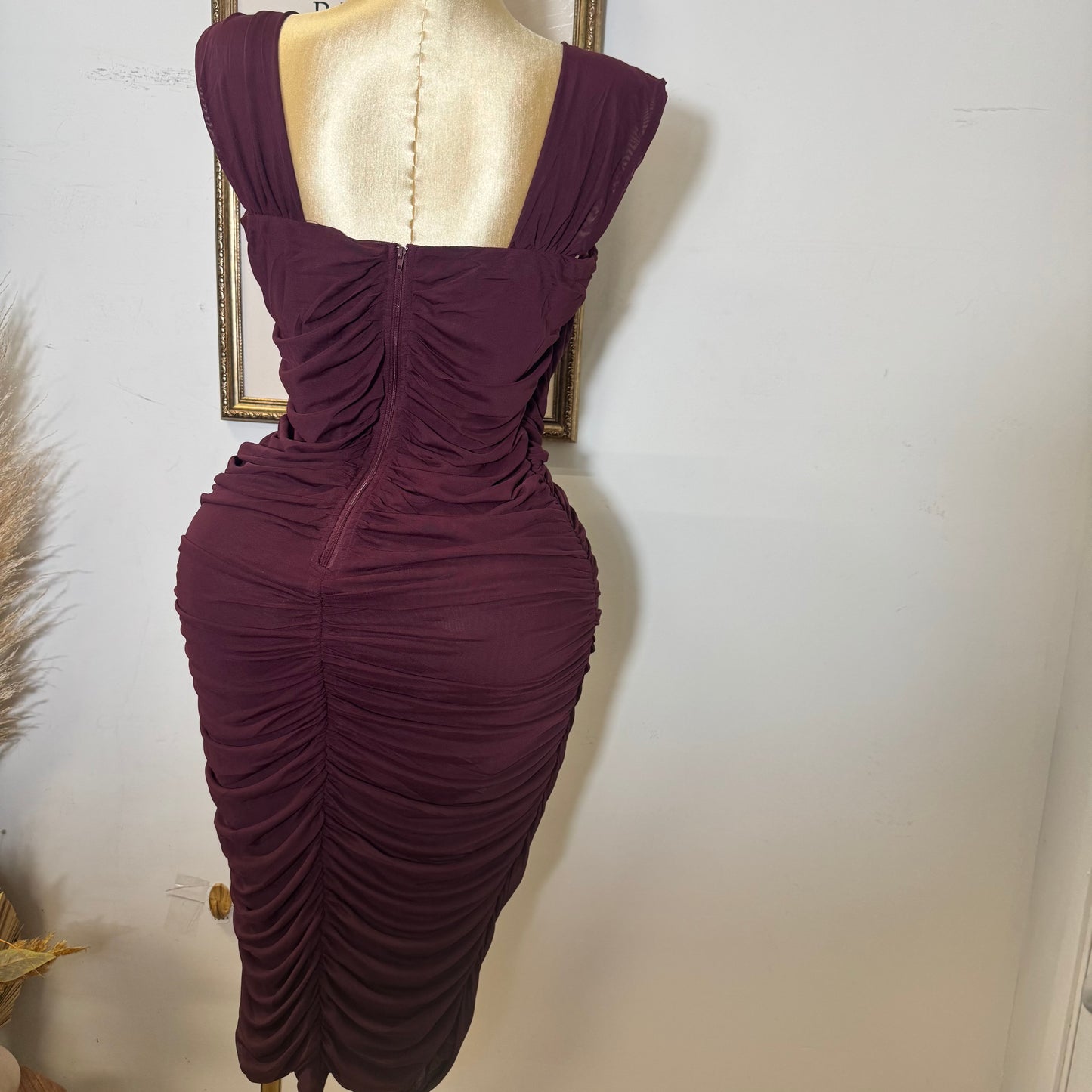 PL Sleeveless Square Neck Ruched Mesh Dress-Burgundy