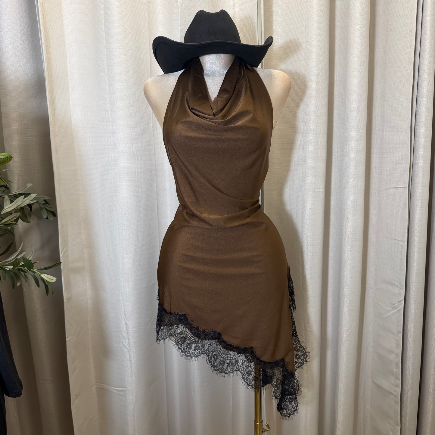 Halter Asymmetrical Lace detail Dress-Brown/Black