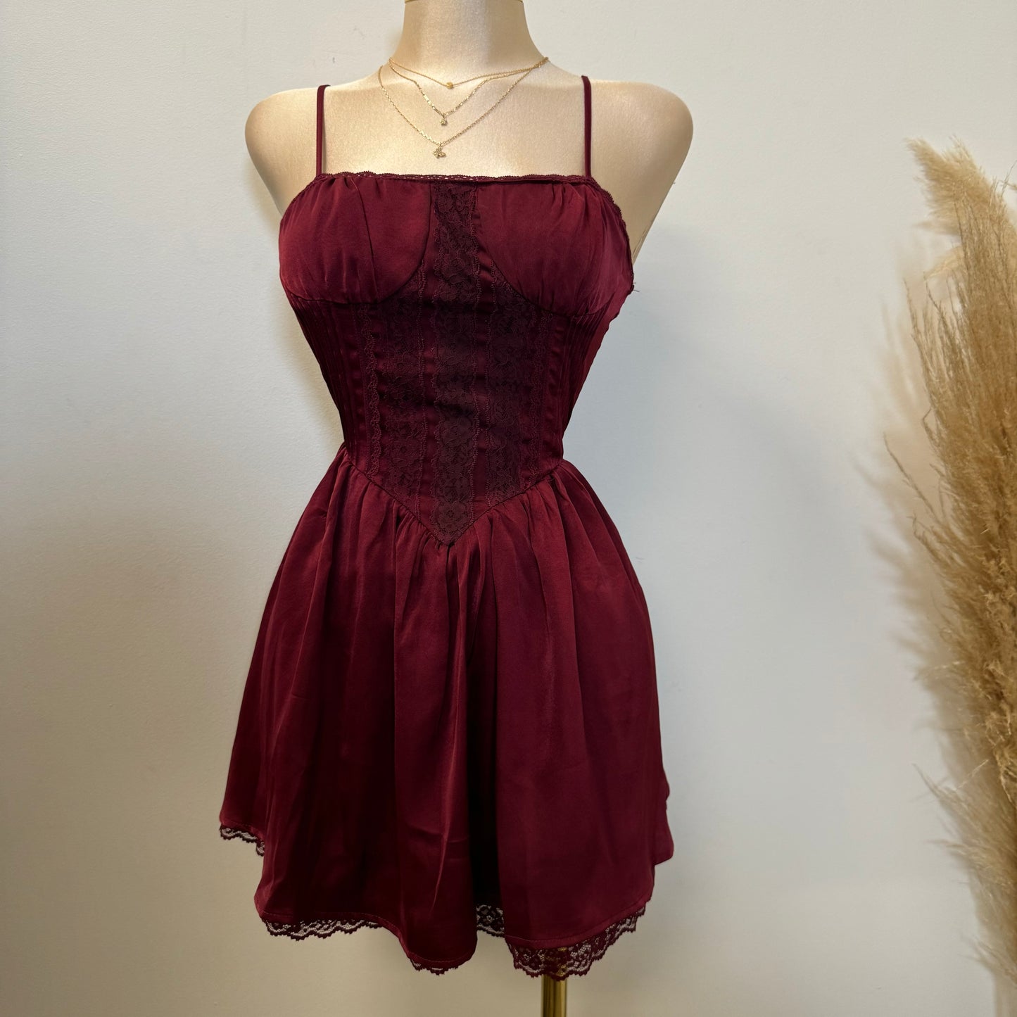 Corset Satin Dress-Burgundy