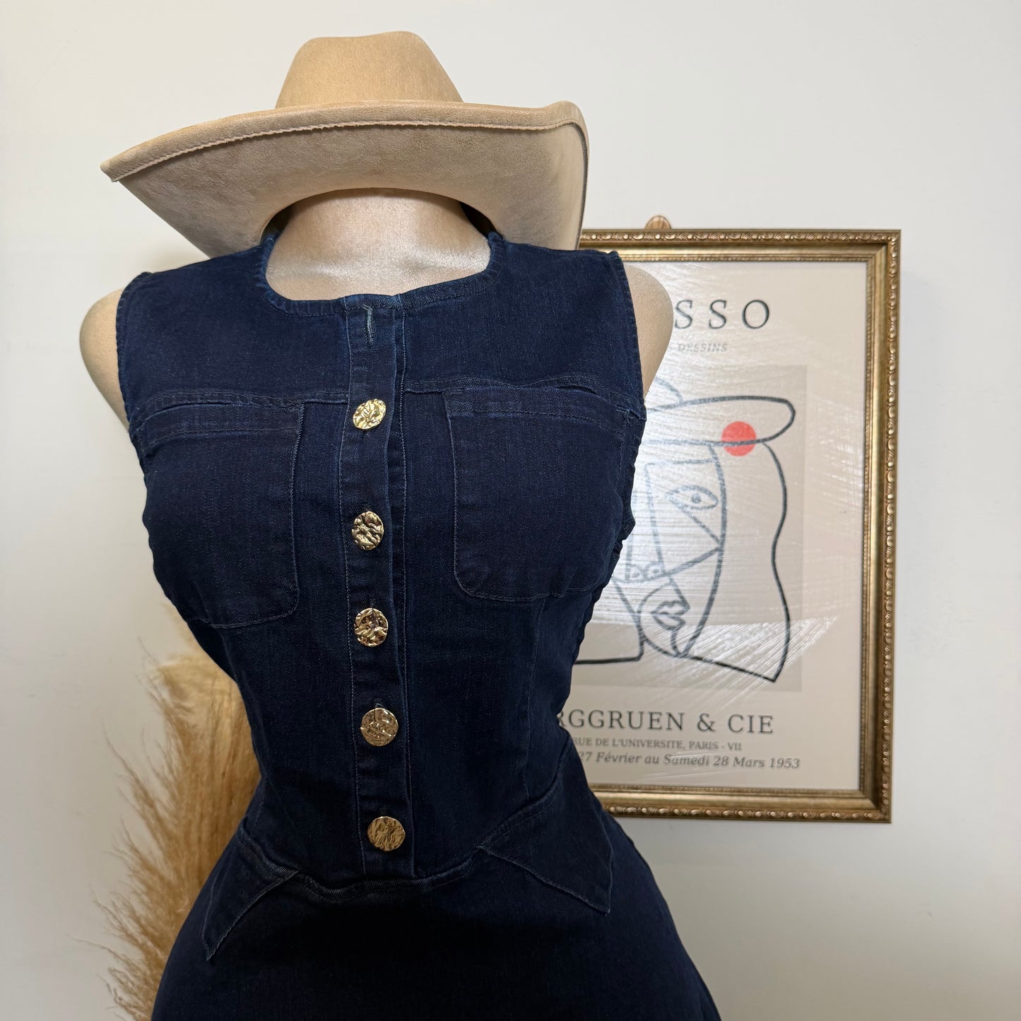 Round Neck Midi Denim Dress-Indigo