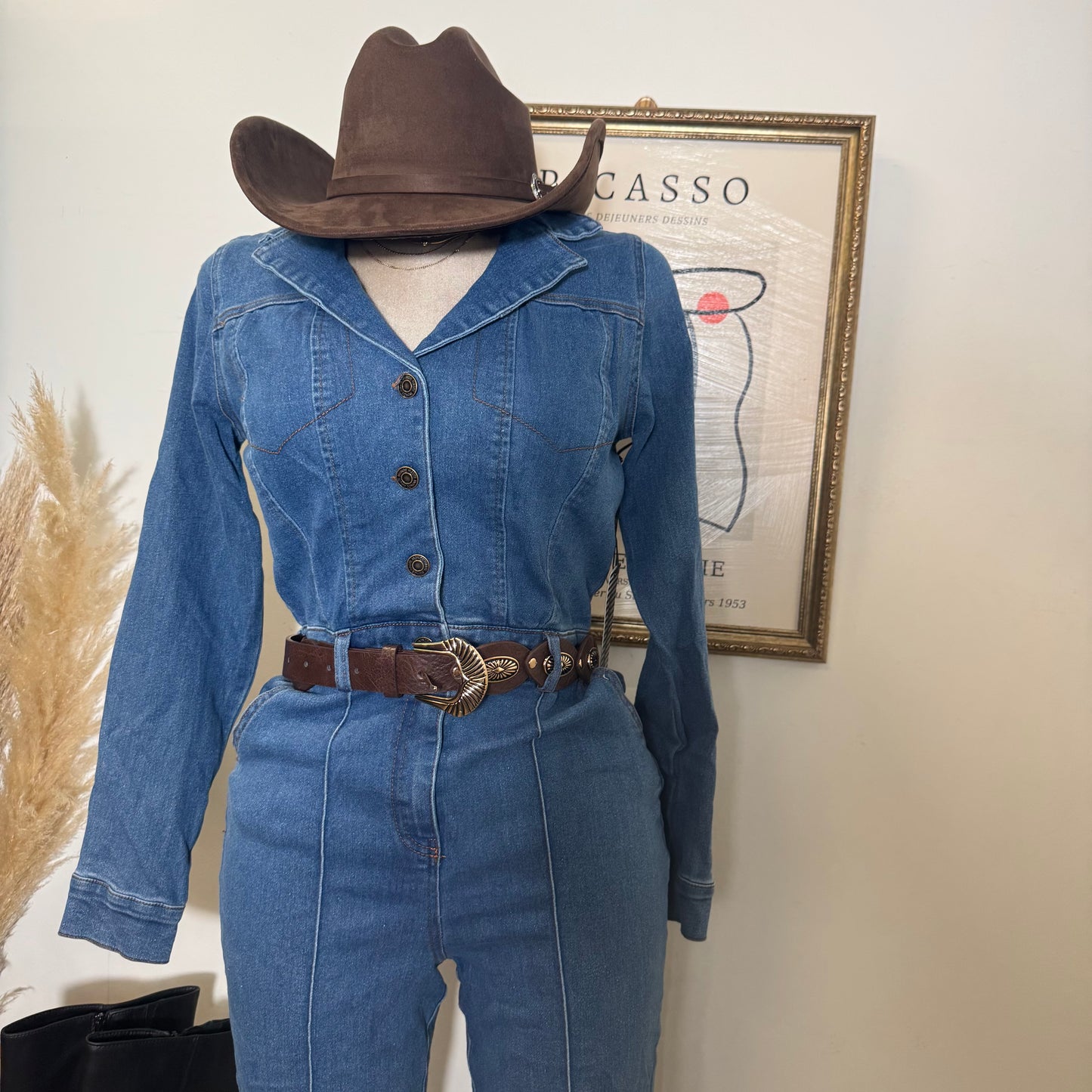Wide Leg Denim Jumpsuit-Medium Wash