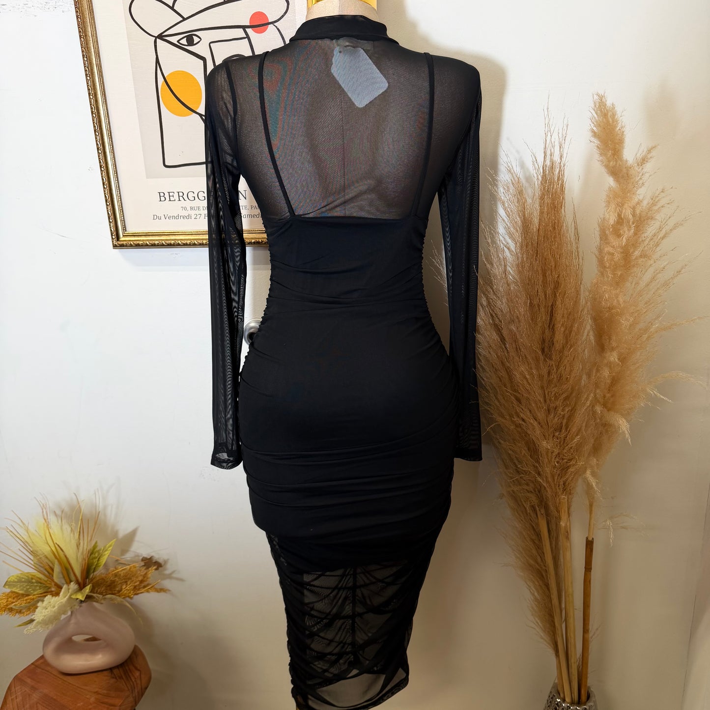 Mesh Side Shirring Midi Dress-Black