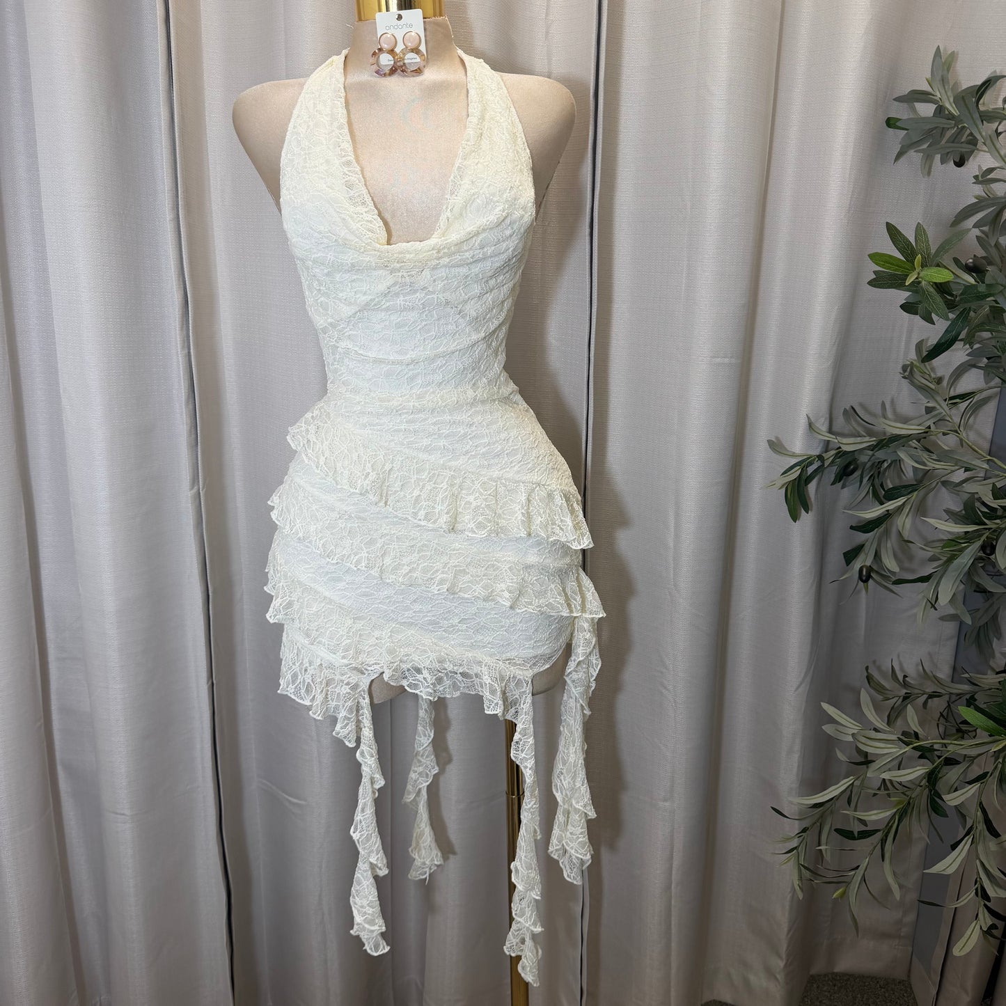 Halter lace mini dress with layered skirt-Ivory