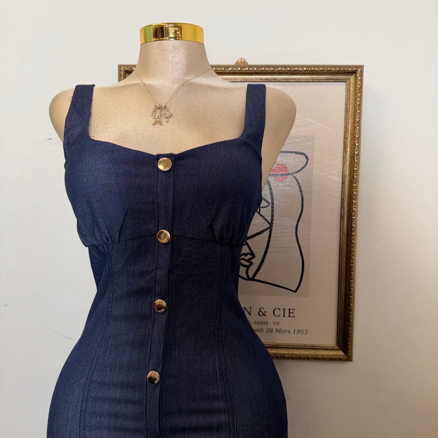 Button-Front Fitted Midi Dress-Indigo