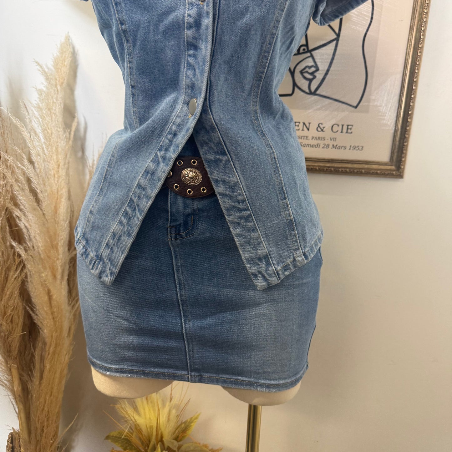 Short Sleeve Button Front Denim Top-Blue
