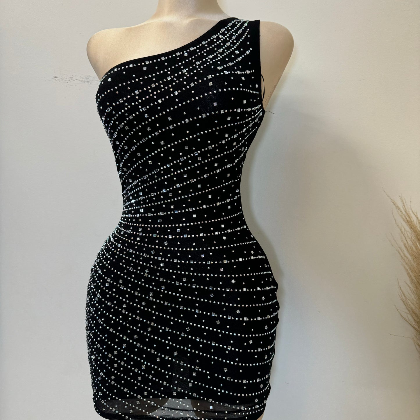 One Shoulder Rhinestone Dress-Black