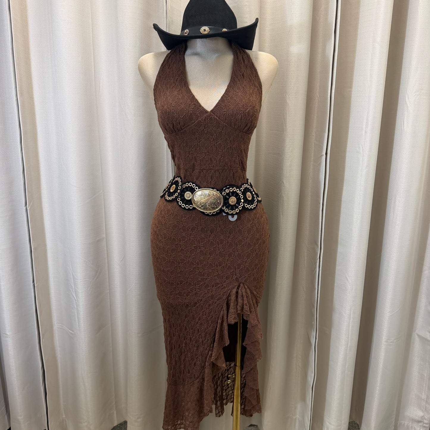 Halter Lace Midi Dress-Brown