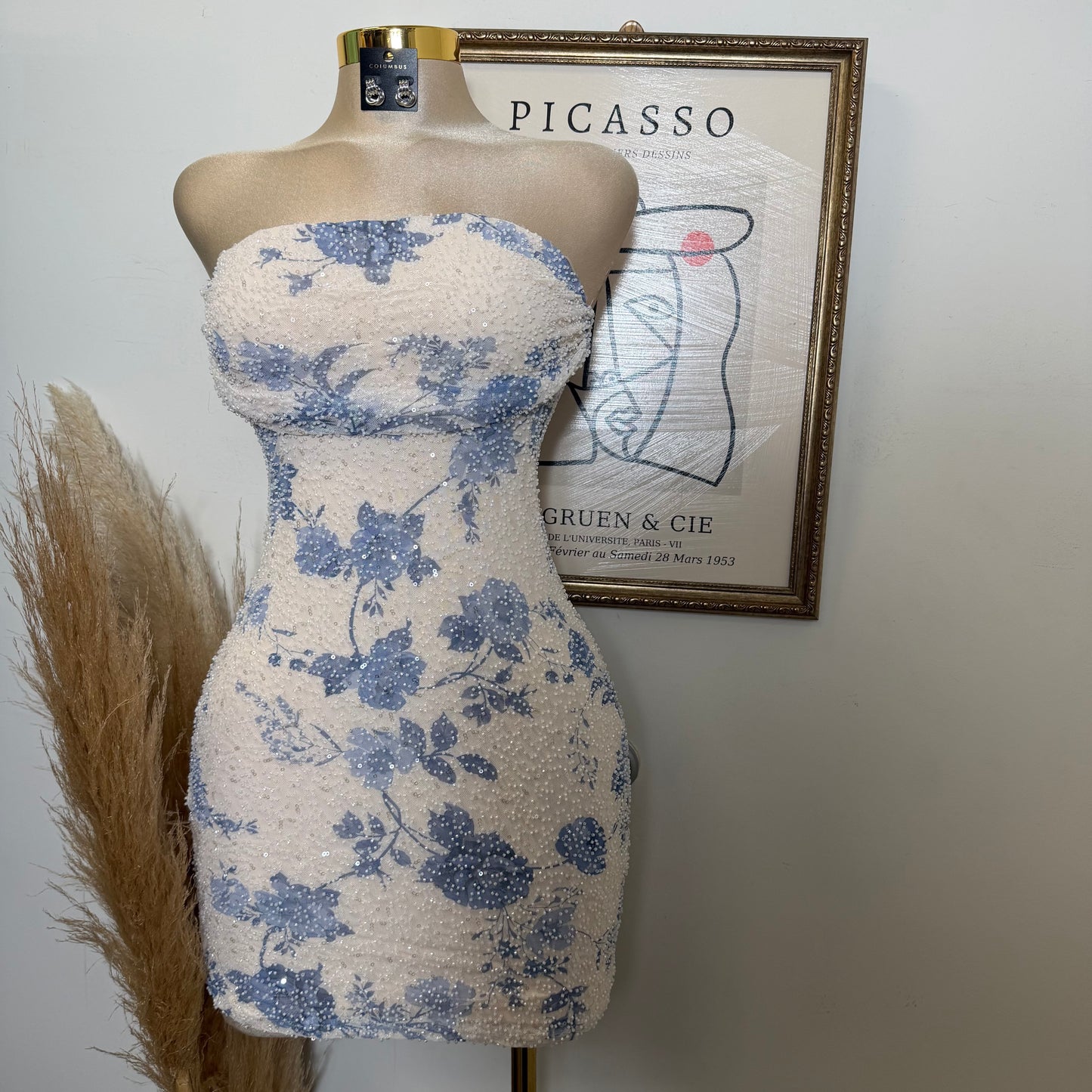 Floral beading pleated bust Bodycon Mini Dress-Ivory/Blue