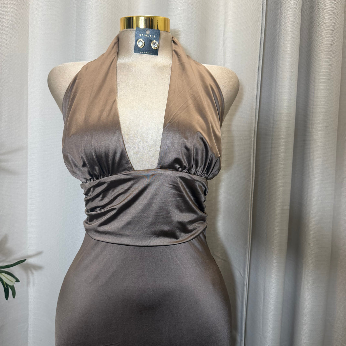 STRETCH SATIN KNIT OPEN BACK MIDI DRESS-Cocoa/Beige
