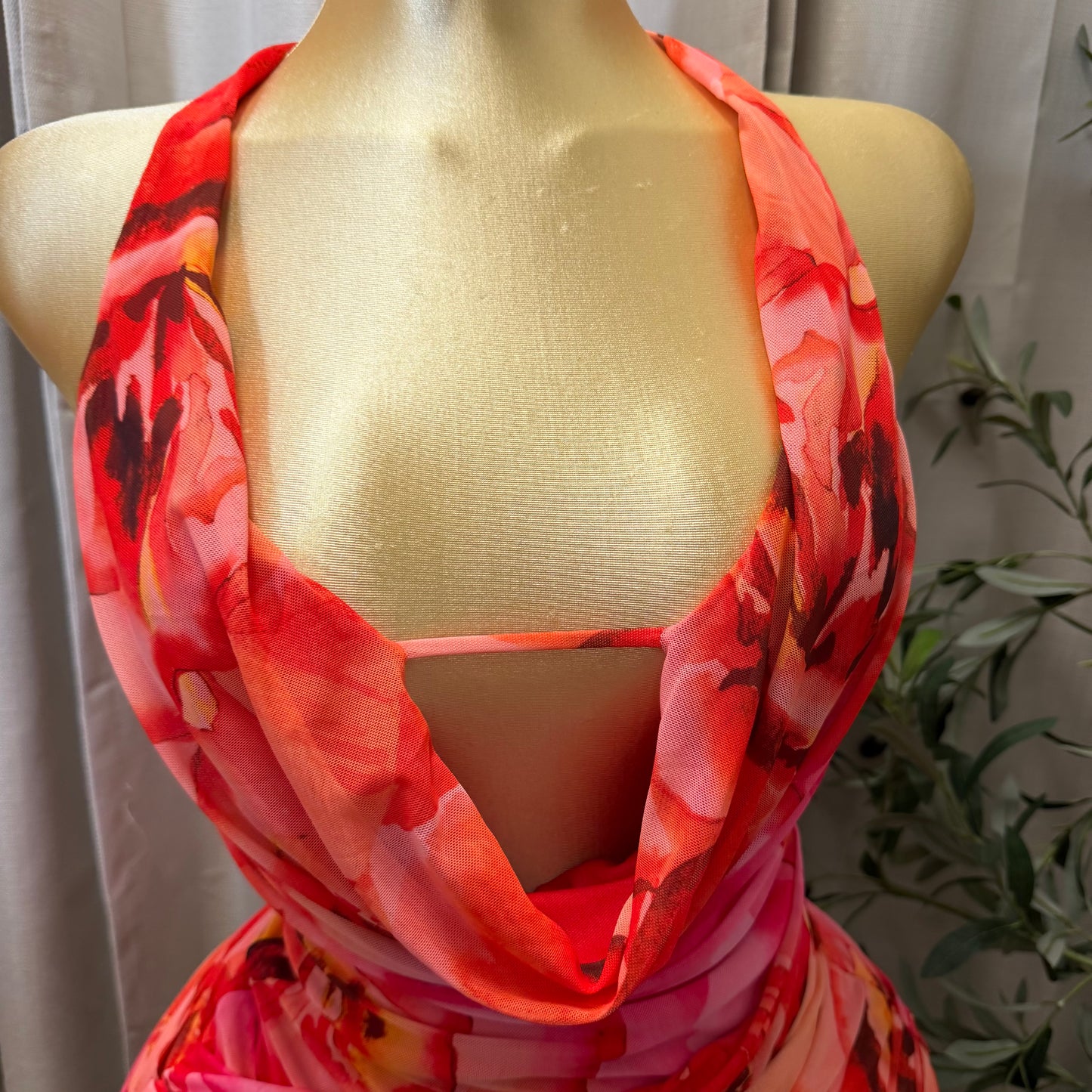 Floral Mesh Mini Dress-Red