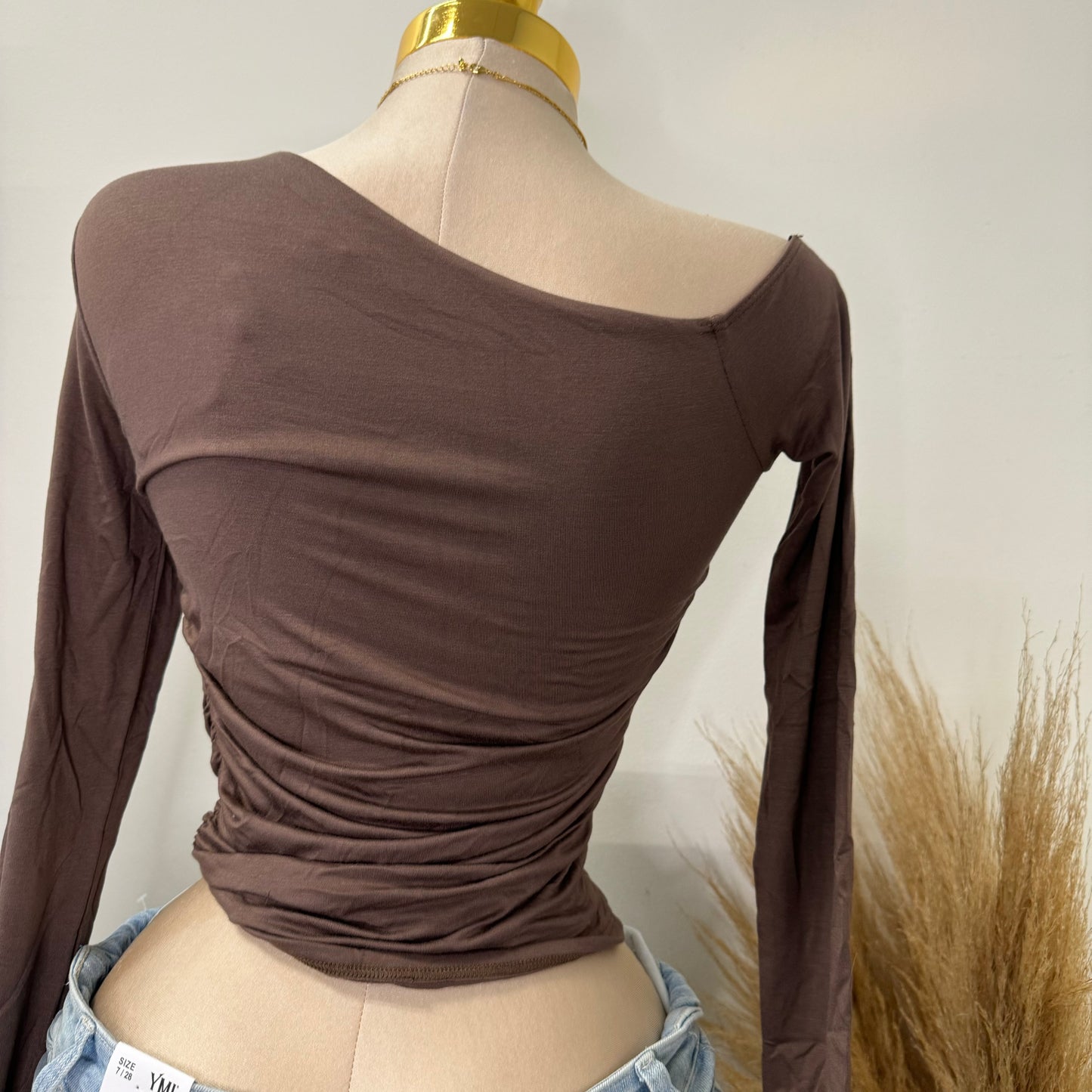 One Shoulder Long Sleeve Top-Brown