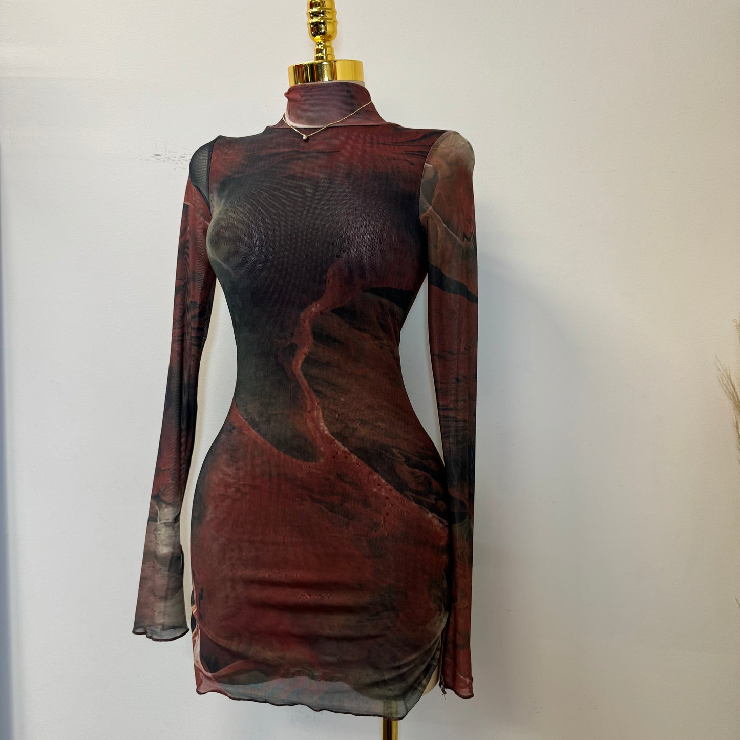 TORY Mesh Long Sleeve Dress-Multi Burgundy