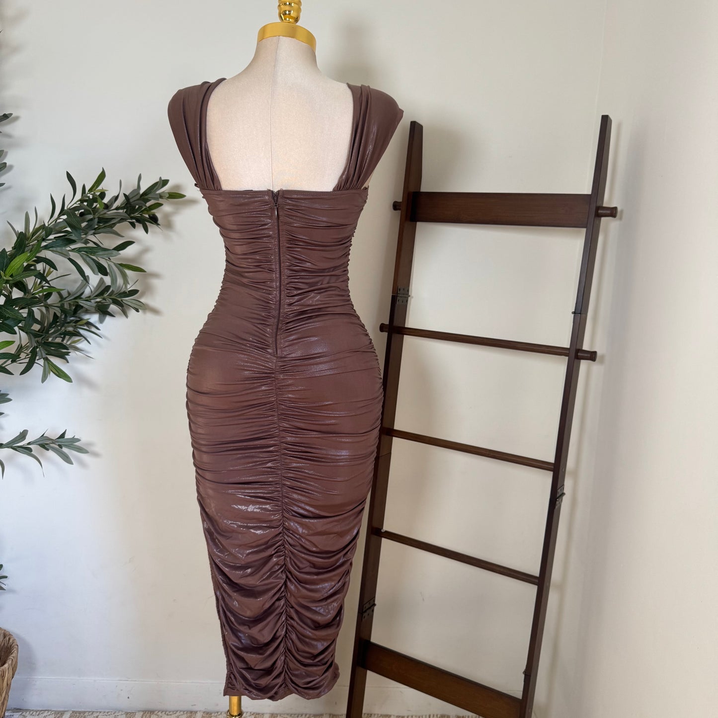 Off Shoulder Bustier Ruching Side slit Mini Dress-Mocha