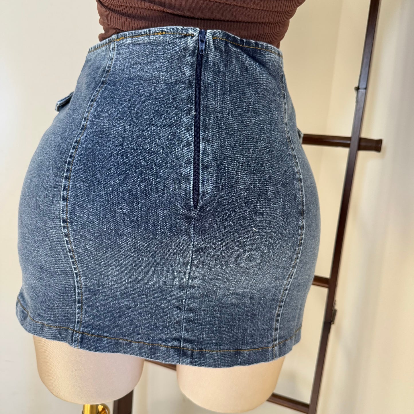Belted Denim Mini Skirt with short-Blue