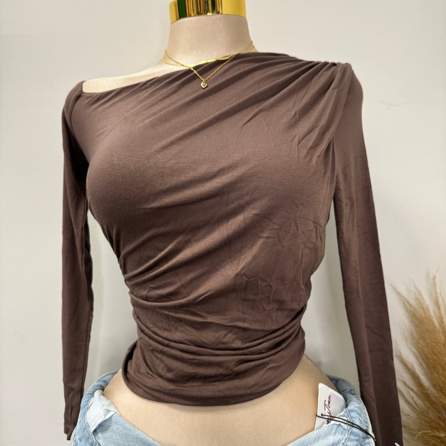 One Shoulder Long Sleeve Top-Brown