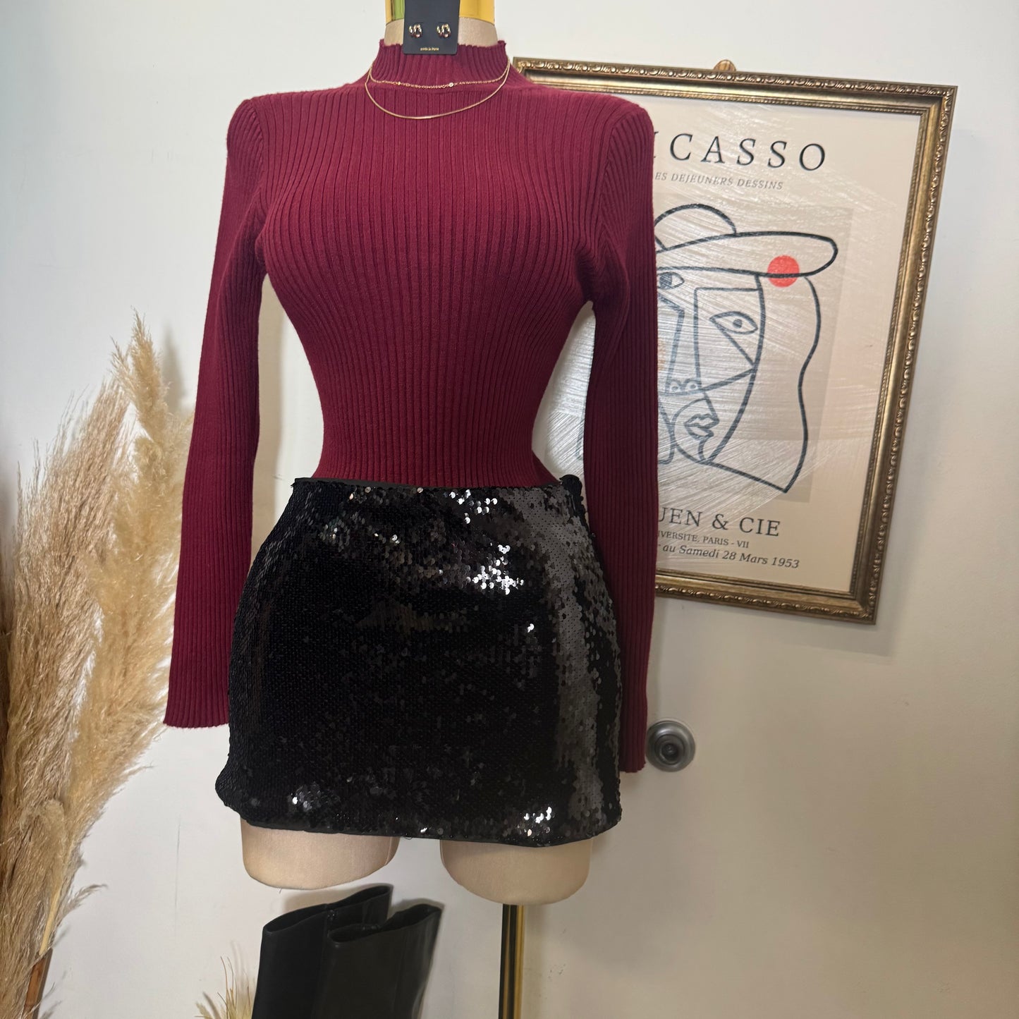 Ribbed Mock Neck Long sleeve-Burgundy