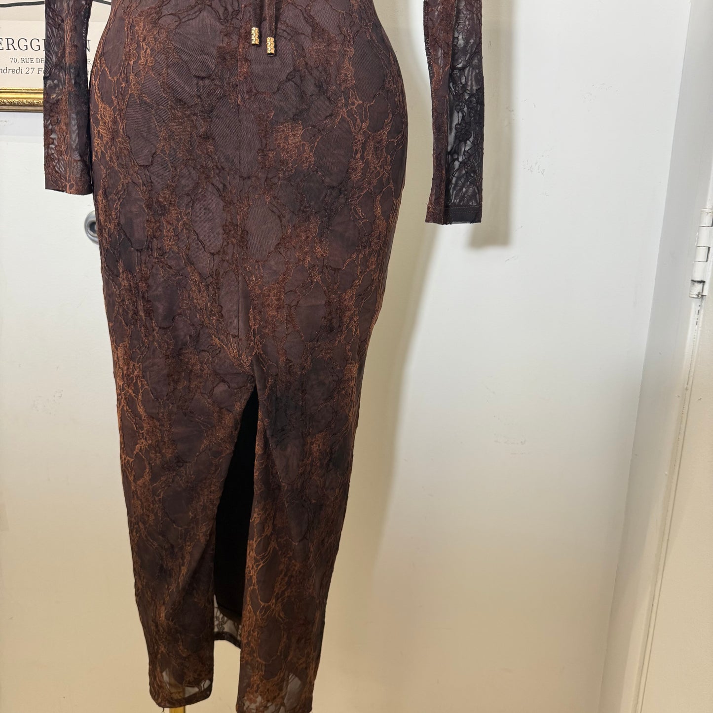 Tie Back Burnout Mesh Print Long Sleeve Maxi Dress-chocolate