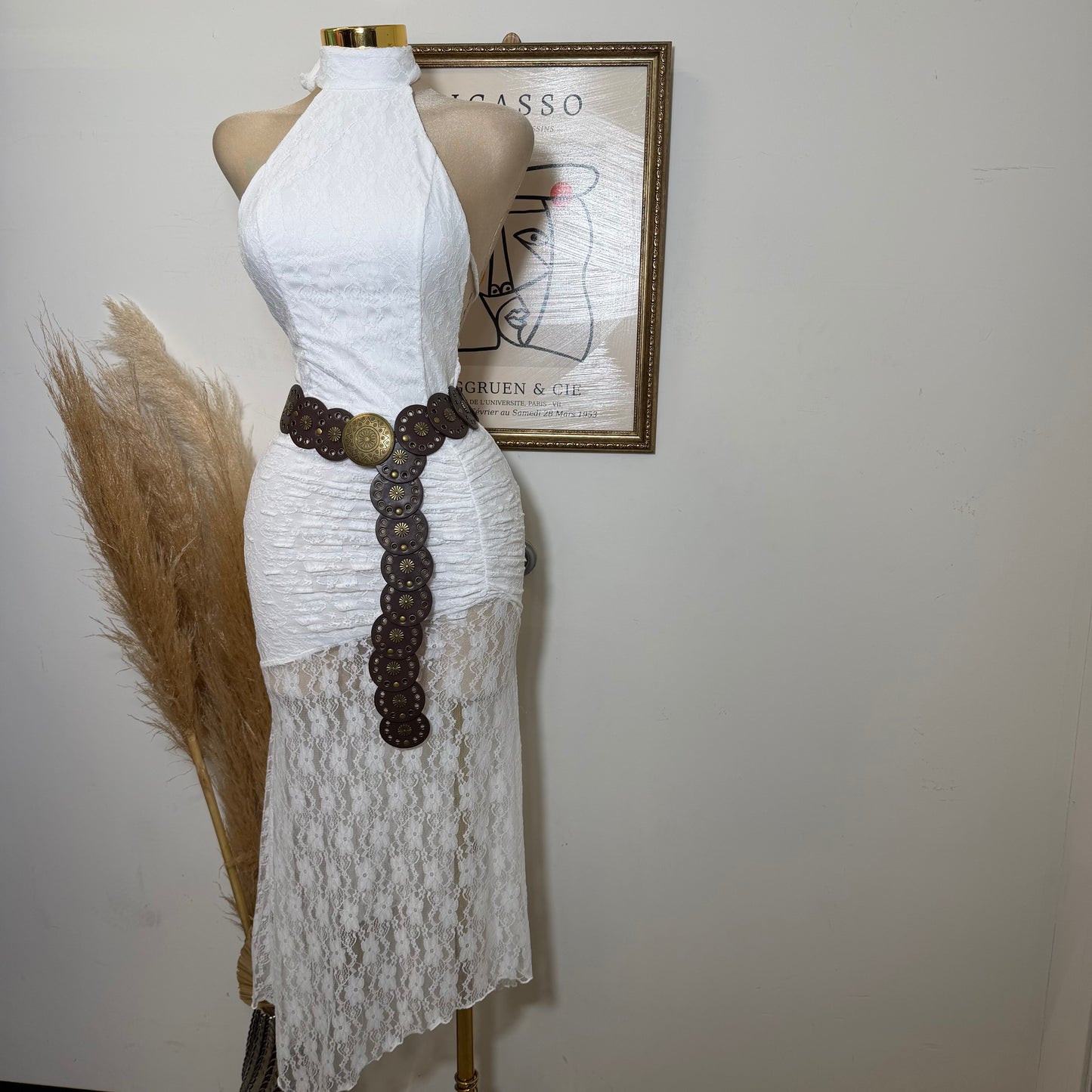 Lace Ruched Halter Maxi Dress-Ivory
