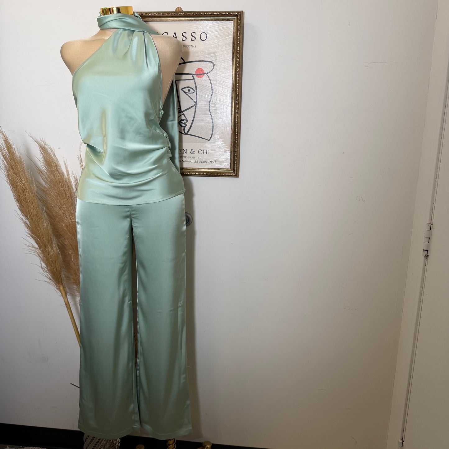 Satin Asymmetrical Scarf Halter Rcuhed Top Zipper Pants set